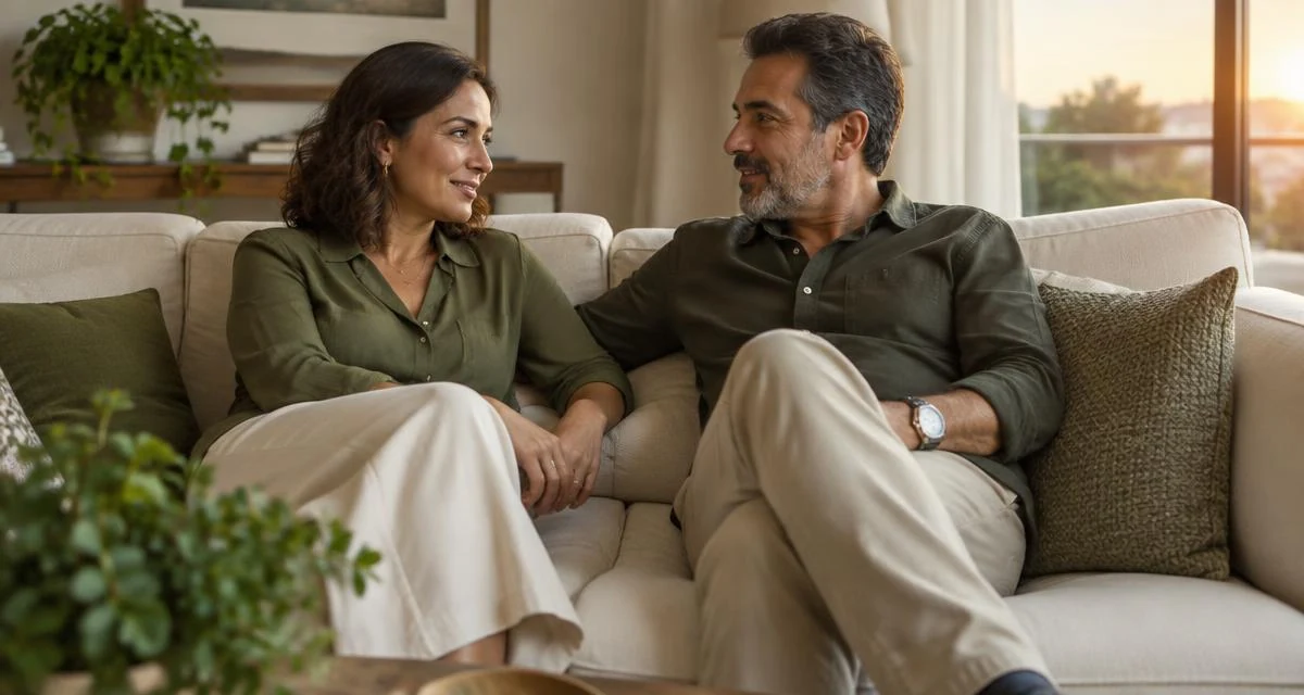 Casal adulto sentado no sofá conversando de forma tranquila