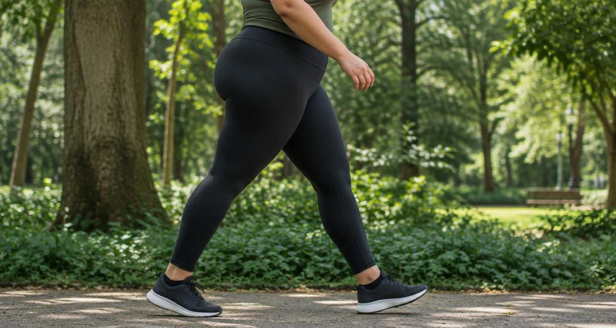 Mulher adulta de legging caminhando em parque, vista de perfil da cintura para baixo