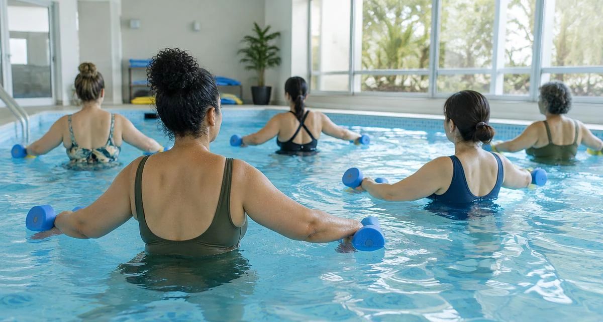 Mulheres fazendo hidroginástica em piscina coberta com luz natural