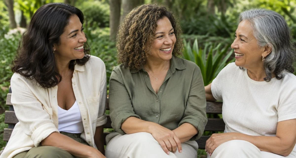 Três mulheres de idades diferentes conversando e sorrindo ao ar livre