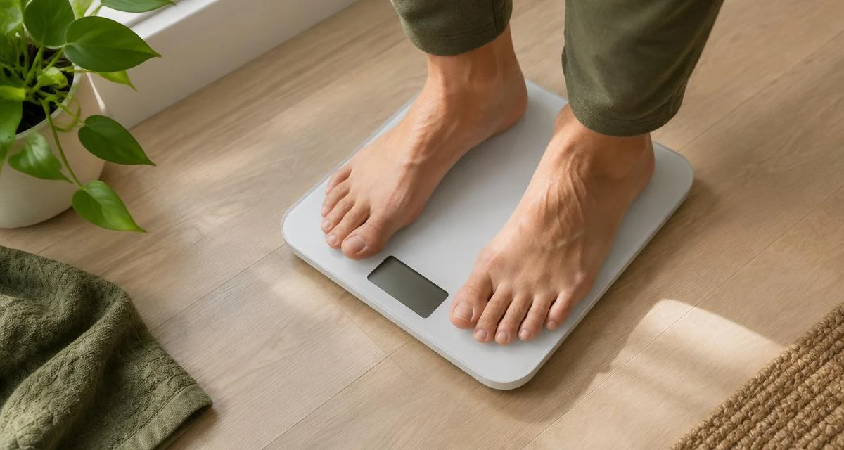 Pés descalços sobre balança digital em piso de madeira clara
