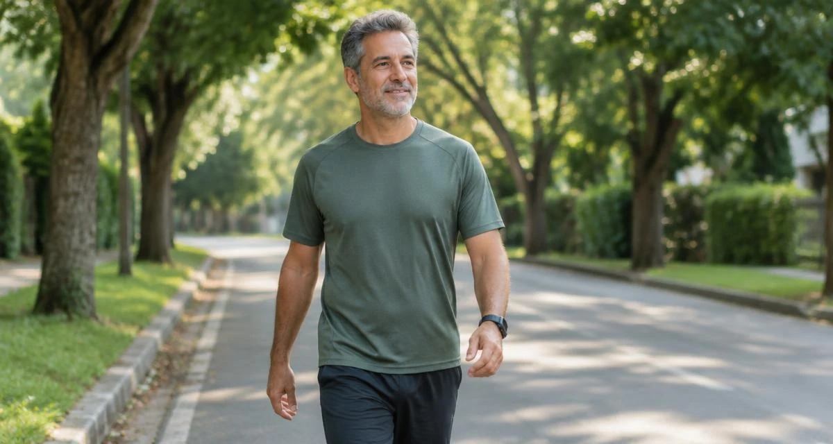 Homem de cerca de 50 anos caminhando ao ar livre com roupa esportiva