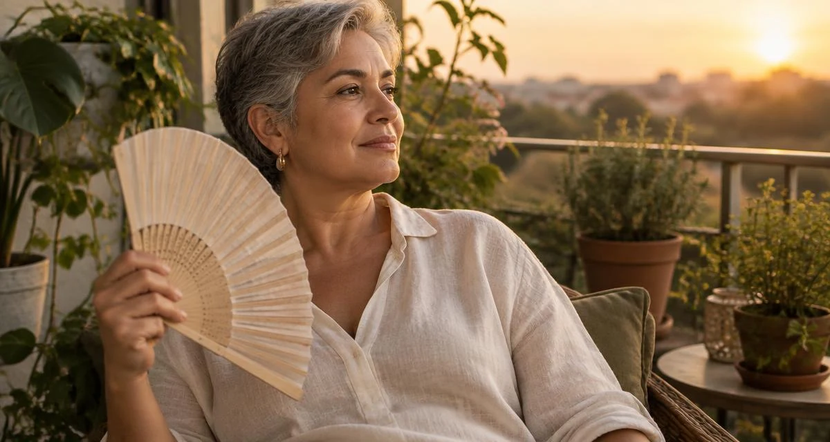 Mulher de cerca de 50 anos na varanda, abanando-se com um leque em fim de tarde