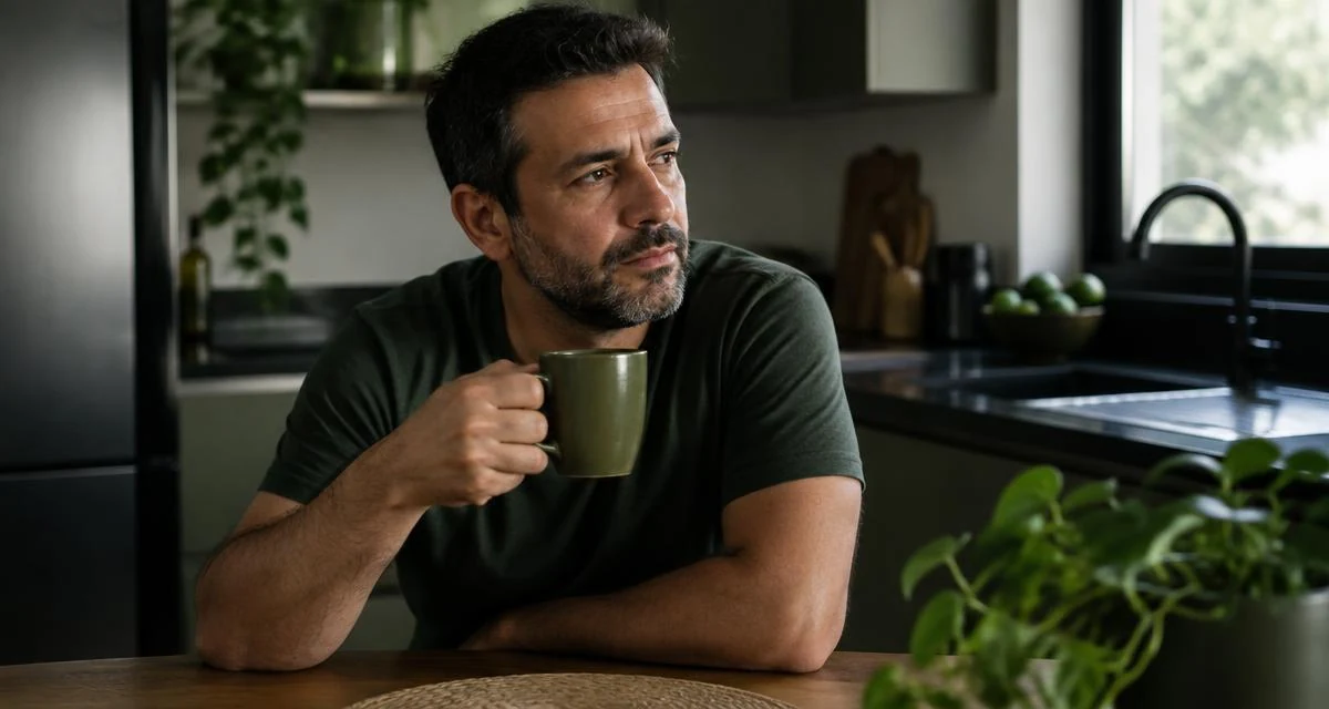 Homem de cerca de 45 anos sentado à mesa da cozinha pela manhã, com expressão cansada